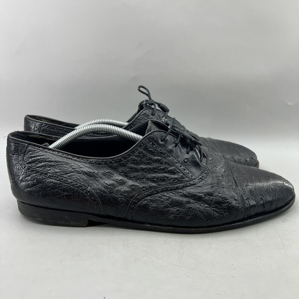 David Eden Ostrich Oxford Men Size 14 Black Cap Toe Brogue Shoes Made In Italy